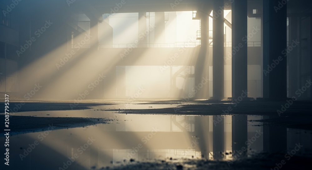 Fototapeta premium Sunlight streaming through a window into a dusty, abandoned room with water on the floor.