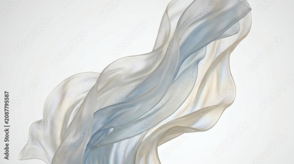 Fototapeta premium Abstract translucent flowing fabric waves with ethereal layered textures in pale blue and white tones on a clean background