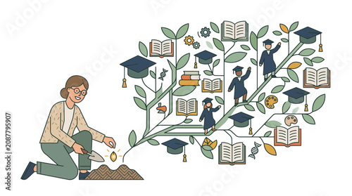 World Teachers' Day concept with teacher planting a tree growing with education symbols
