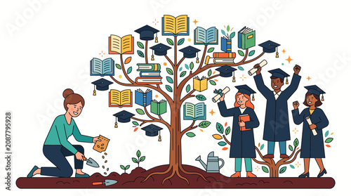 World Teachers' Day illustration of a teacher nurturing a tree with students graduating and growing around it