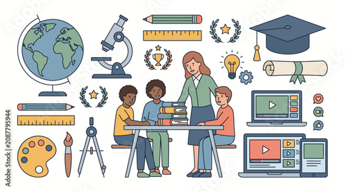 World Teachers' Day illustration of diverse students learning with teacher and education icons