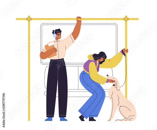 Passengers standing in subway car. Man listening music in headphones, woman p...