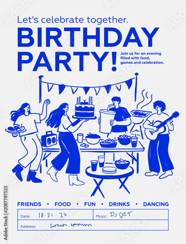 Birthday Party Poster Template with Hand Drawn Doodle Illustration. Cute Invitation Flyer with Cake, Guitarist, Barbecue and Friends Celebrating. Vector Invitation Layout on Light Background