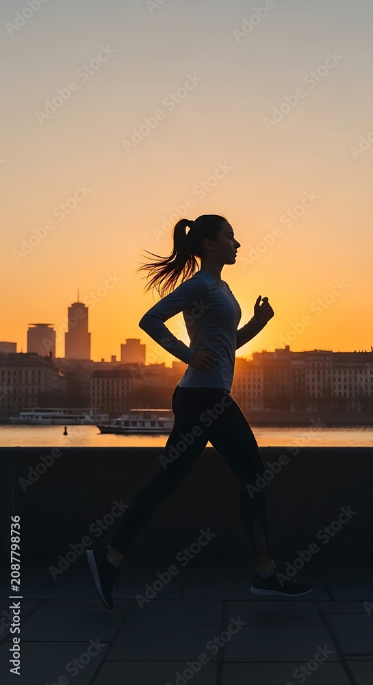 Fototapeta premium Silhouette of person running at sunset over water.