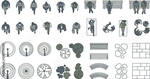 Top View Architectural Scale Vector Set with People Trees and Park Benches for Landscape Site Plan Renderings.eps
