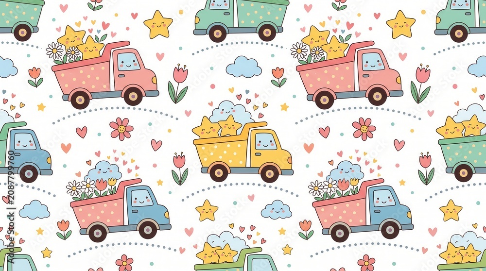 Fototapeta premium Cute dump trucks carry stars, clouds, flowers, and hearts in a sweet seamless pattern