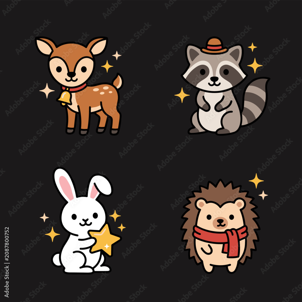 Fototapeta premium Cute pixel art forest animals set including a deer, racoon, rabbit, and hedgehog with sparkling stars, adorable design for children's projects