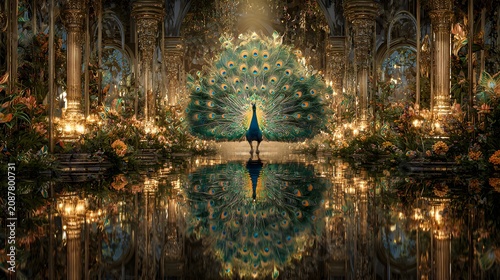 Regal peacock with ornate hall colorful feathers spread out peacock standing grand out surrounded flowers ornamentation architecture reflection
