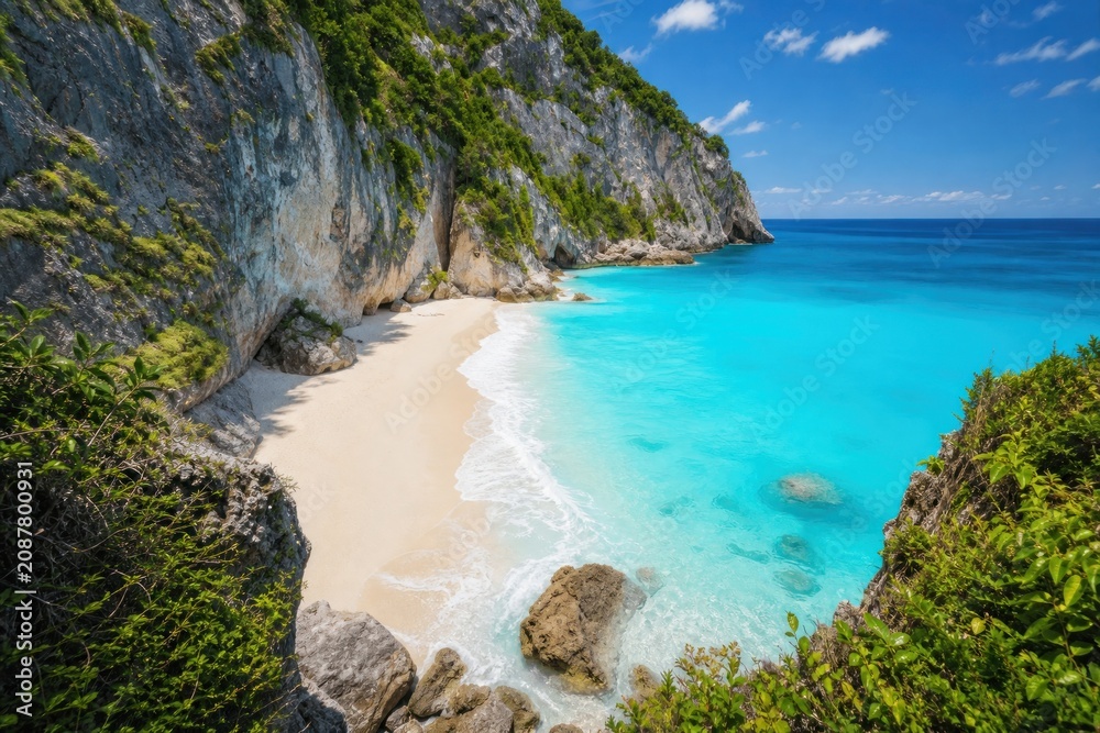 Fototapeta premium Pristine tropical beach with turquoise ocean waves crashing on white sand, framed by dramatic limestone cliffs and lush green vegetation under clear blue sky, idyllic summer travel destination.