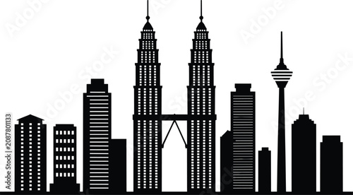 Fotografía Modern city skyline silhouette illustration featuring prominent twin towers and