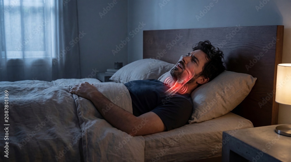 Fototapeta premium Man suffering from snoring while sleeping in bed. Male with throat inflammation and breathing problem. Sleep disorder and obstructive apnea symptom concept for medical health diagnostics.