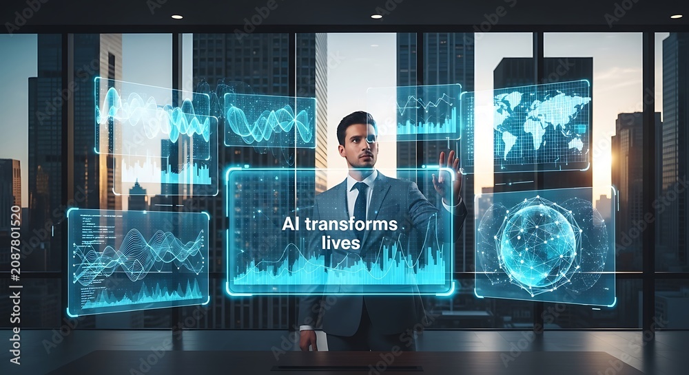 Fototapeta premium Professional man presenting AI technology in office.