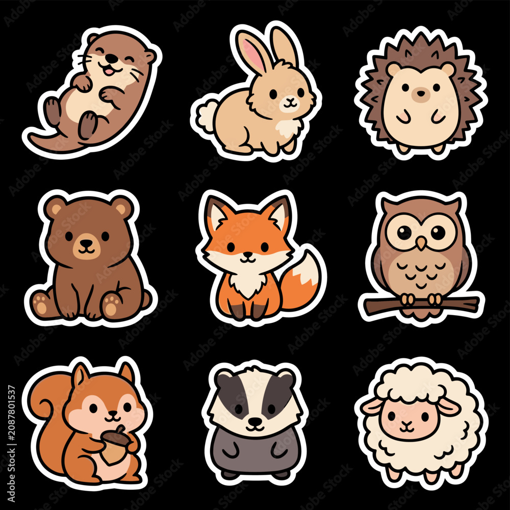 Fototapeta premium Cute pixel art woodland animals sticker collection including an otter, rabbit, hedgehog, bear, fox, owl, squirrel, badger, and sheep, ideal for children's designs