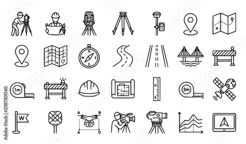 Modern survey and mapping thin line icon set with construction tools location symbols road engineering and GPS vector illustration