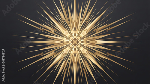 Golden Starburst Geometric Mandala on Dark Background. Luxury Gold Sunburst Pattern, Elegant Christmas Snowflake Shape.