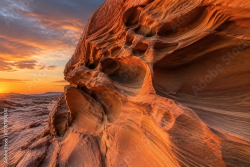 Sandstone rock deeply carved by wind erosion under warm desert sunset light.