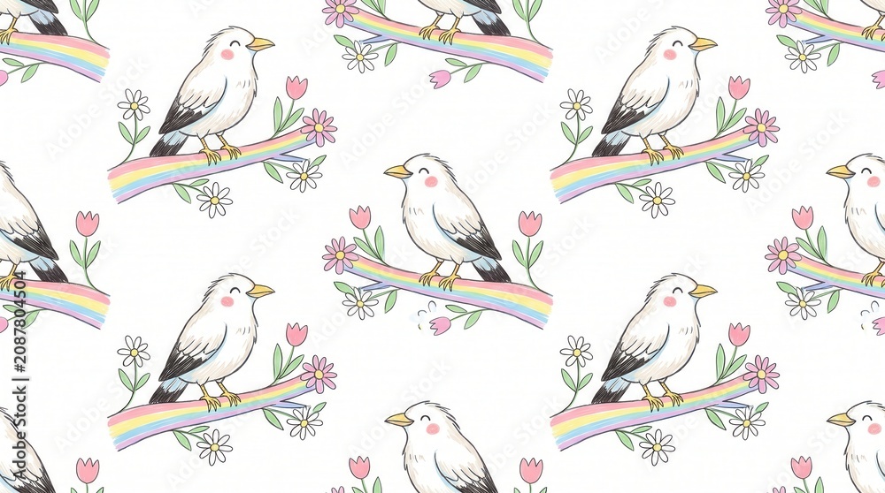 Fototapeta premium Happy white birds sit on rainbow branches with pink tulips and white daisies in a cute pattern