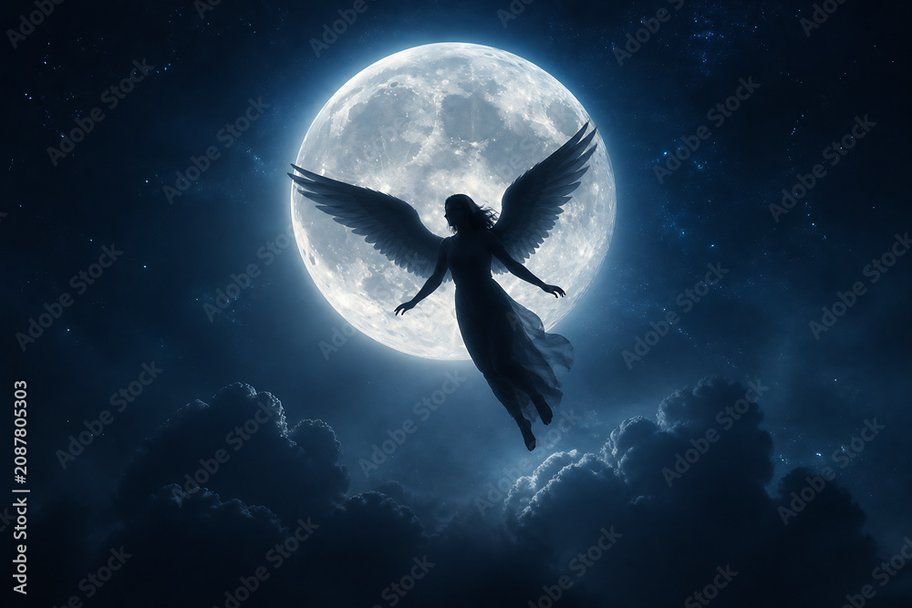 Obraz premium A dark silhouette of a winged figure flies against a bright full moon in a starry, cloudy night sky.