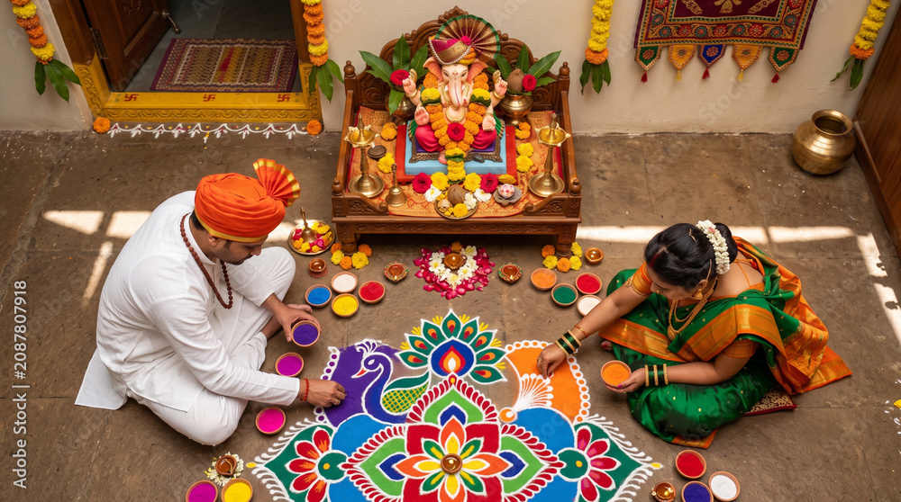 Naklejka premium Indian couple making peacock rangoli for Ganesh Chaturthi festival