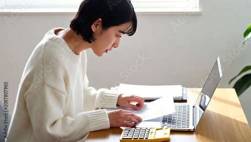 Focused Young Japanese Woman Working On A Laptop At Home With Papers And Calculator In A Bright Indoor Environment
