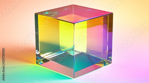 Abstract geometric glass cube on gradient background. Transparent cube with vibrant colours. Modern design element. Creative product display. Visual for product presentation. Colorful tech concept.