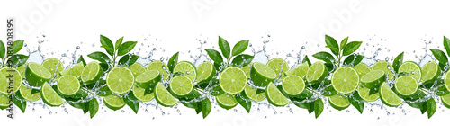 Fresh Limes Slices and Leaves with Water Splashes Seamless Border Element