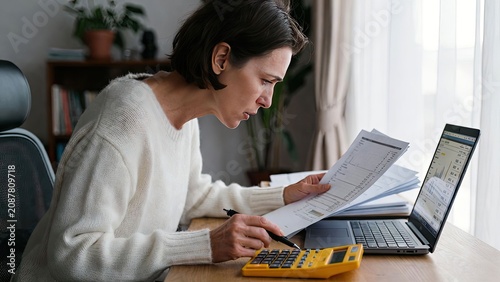 Focused Woman Analyzing Financial Documents At Home Office With Laptop And Calculator In Natural Light