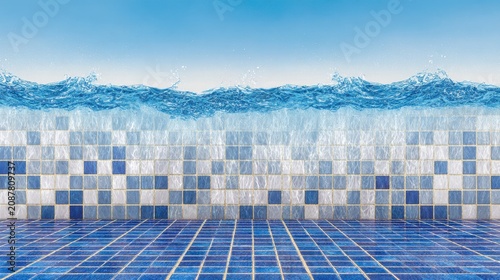 Close-up of water splashing over tiled pool edge with ripples and waves
