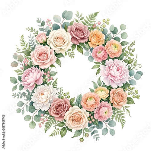 Floral wreath with pink, peach, and cream roses and green foliage