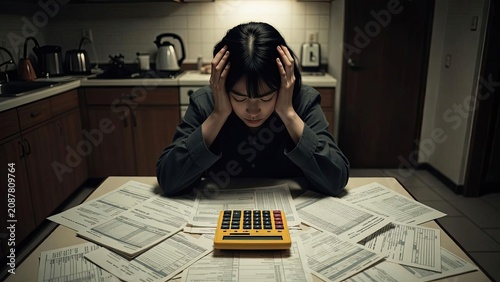 A Young Adult Overwhelmed By Financial Documents And A Calculator In A Dimly Lit Kitchen Representing Stress And Financial Anxiety