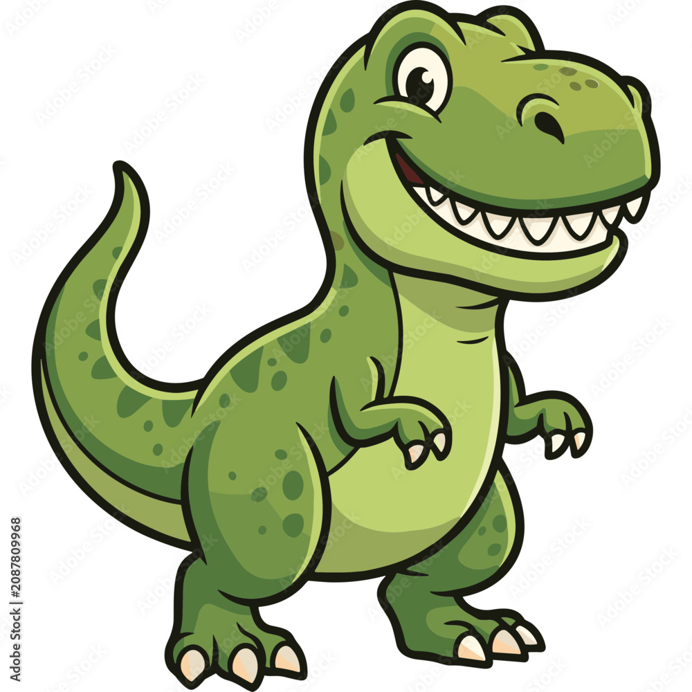 Fototapeta premium A smiling cartoon dinosaur stands on a plain background looking happy