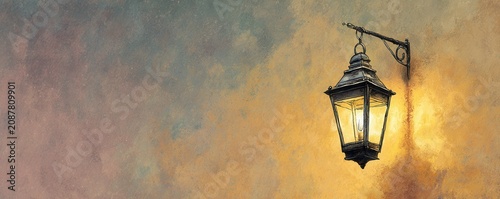 Vintage lantern hanging from a metal arm against a colorful textured sky background