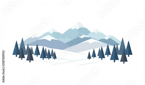 Obraz na plátne Minimalist winter landscape with pine trees and mountain range