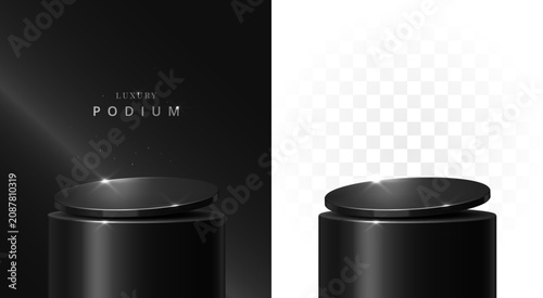 Vector luxury black podium pedestal stage for premium display mockup cylinder presentation isolated transparent background