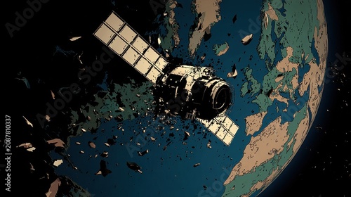 Satellite Orbiting Earth with Debris in Space Near Blue Planet