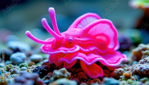 The image features a vibrant pink sea creature with a soft, ruffled body and delicate, extended antennae resting on a bed of colorful pebbles and rocks