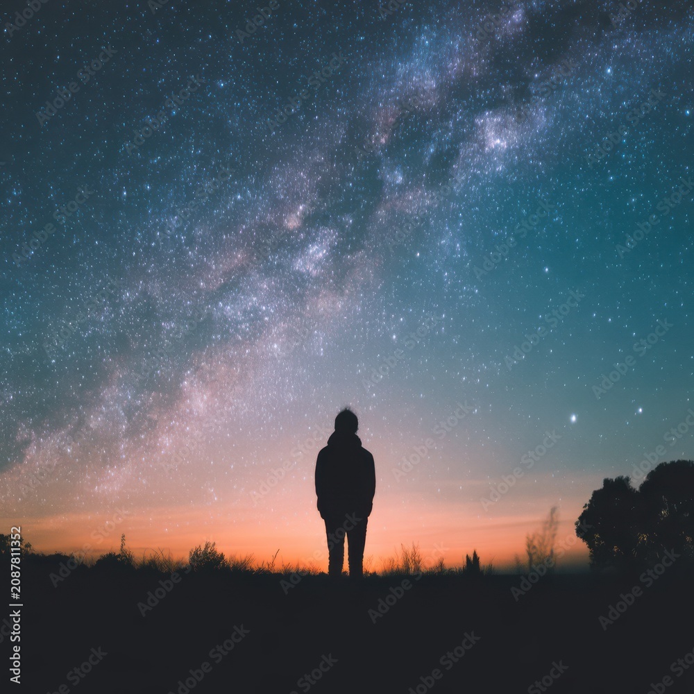 Fototapeta premium Silhouette of a lone individual gazing at a breathtaking starry night sky with vibrant galaxy with soft twilight glow with captures solitary figure