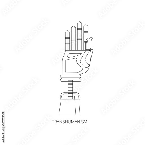 Minimalist line art icon of robotic prosthetic hand representing transhumanism concept for future human enhancement and digital technology apps
