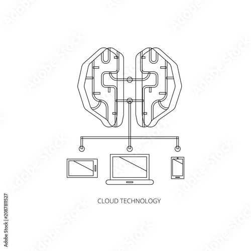 Minimalist line art icon of digital brain connected to mobile devices representing cloud technology and artificial intelligence network system
