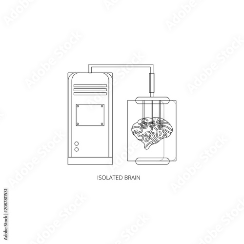Minimalist line art icon of a human brain in a jar connected to a computer tower representing artificial intelligence
