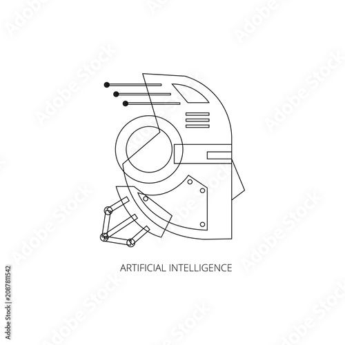Minimalist line art icon of a robotic head profile representing artificial intelligence machine learning and futuristic digital technology concept
