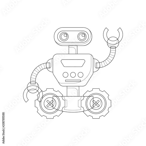 Line art robot with gear wheels and mechanical arms for artificial intelligence automation and futuristic digital technology for design
