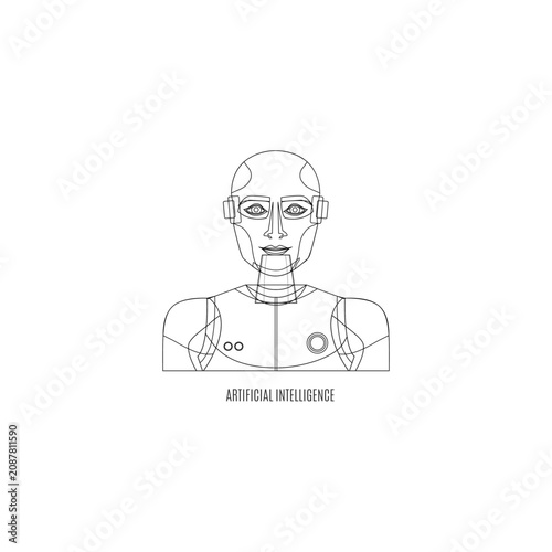 Futuristic humanoid robot line art icon with artificial intelligence text representing advanced machine learning and digital automation for modern technology
