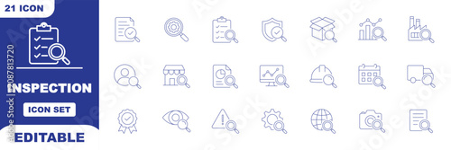 Inspection icon set. Compliance icon set. Search and Magnifying glass icon set. Examination, testing, quality control, check, inspect, collection. Editable line icons. Vector illustration. 