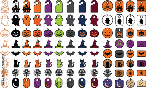 Halloween Icon Collection Vector Set Featuring Ghosts, Pumpkins, Bats, Witch Hats, Haunted Houses, Spider Webs, Cats, Tags and Festive Symbols