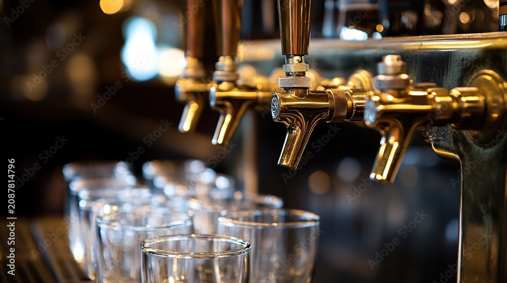 Obraz premium barware. A vintage brass beer tap on a dark wooden bar with empty glass mugs. bar promotions, beverage menus, designed for food & beverage menus and cafe branding, used by logistics managers.