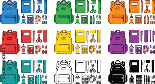 Colorful School Supplies Collection Vector Set with Backpack, Notebook, Calculator, Glue, Scissors, Ruler, Crayons and Stationery Icons for Education Design
