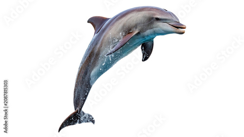 Foto Friendly dolphin leaping jumping high up isolated on transparent background