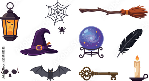 Halloween Witch Accessories Collection Vector Set Featuring Magic Hat, Crystal Ball, Lantern, Broomstick, Spider Web, Bat, Skull, Candle and Mystic Icons