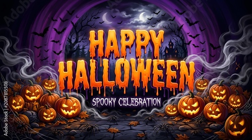 Happy halloween spooky celebration banner with dripping orange text, glowing pumpkins, and bats